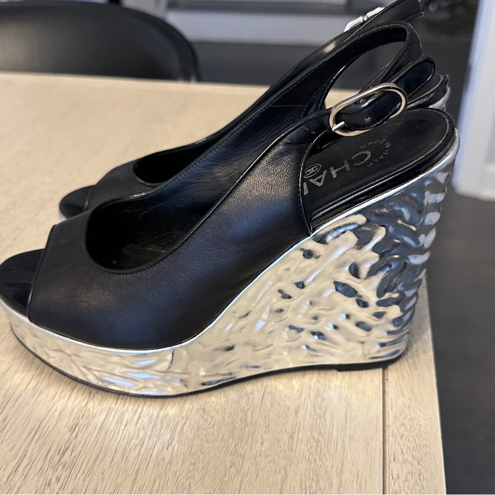 Authentic Chanel Black Wedge sandals size 37 - Picture 7 of 9